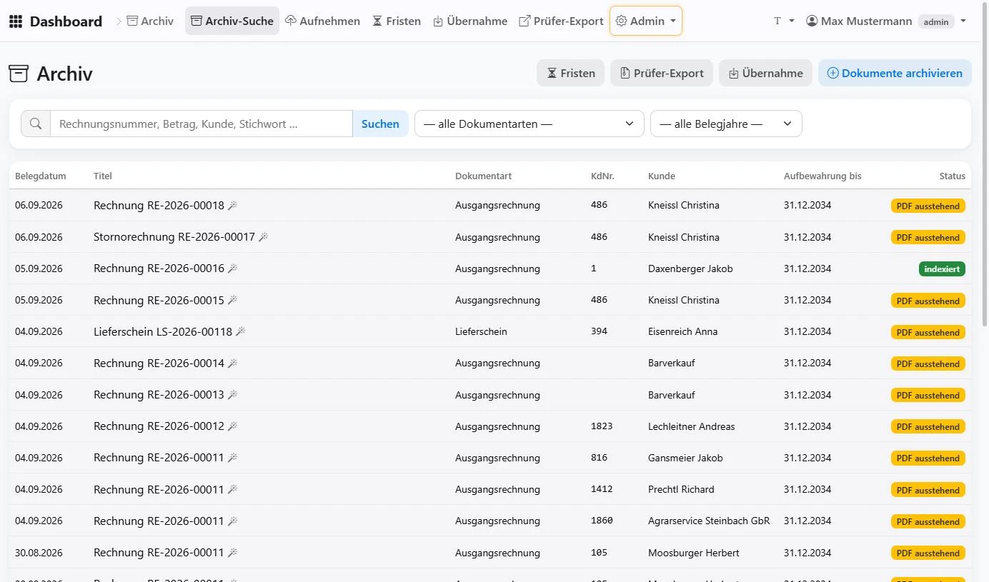 Archiv mit Dokumentliste und Volltextsuche