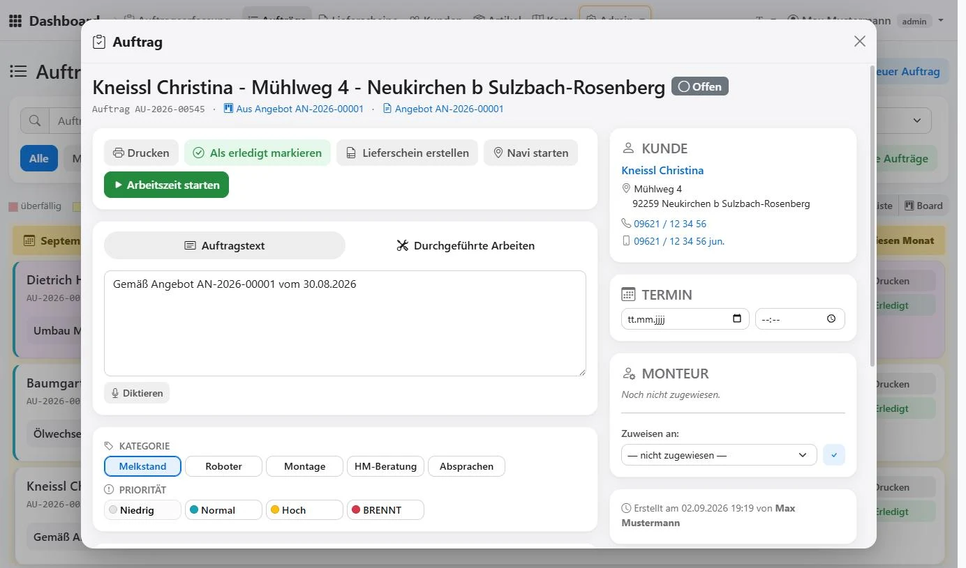 Auftrag im Detail mit Kunde, Material und Montagebericht