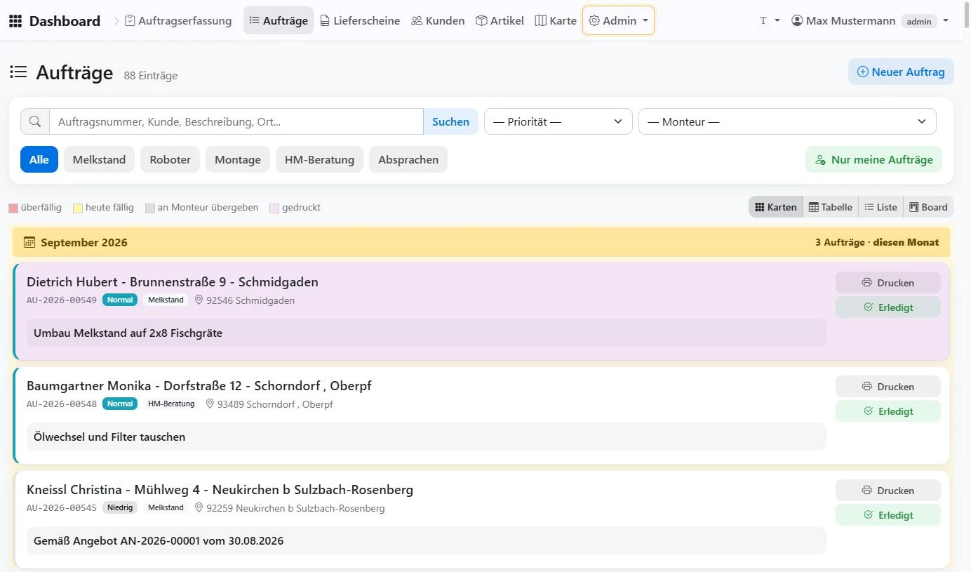 Auftragsliste mit Filtern nach Status, Monteur und Zeitraum