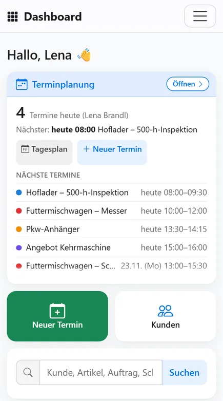 Dashboard am Handy mit den Terminen des Tages, Kachel Neuer Termin und Suche