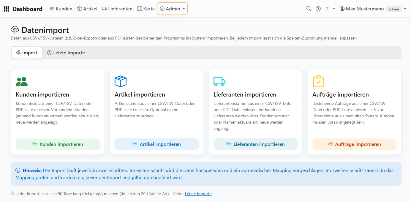 Datenimport für Kunden, Artikel, Lieferanten und Aufträge mit Hinweis auf das Zurücknehmen