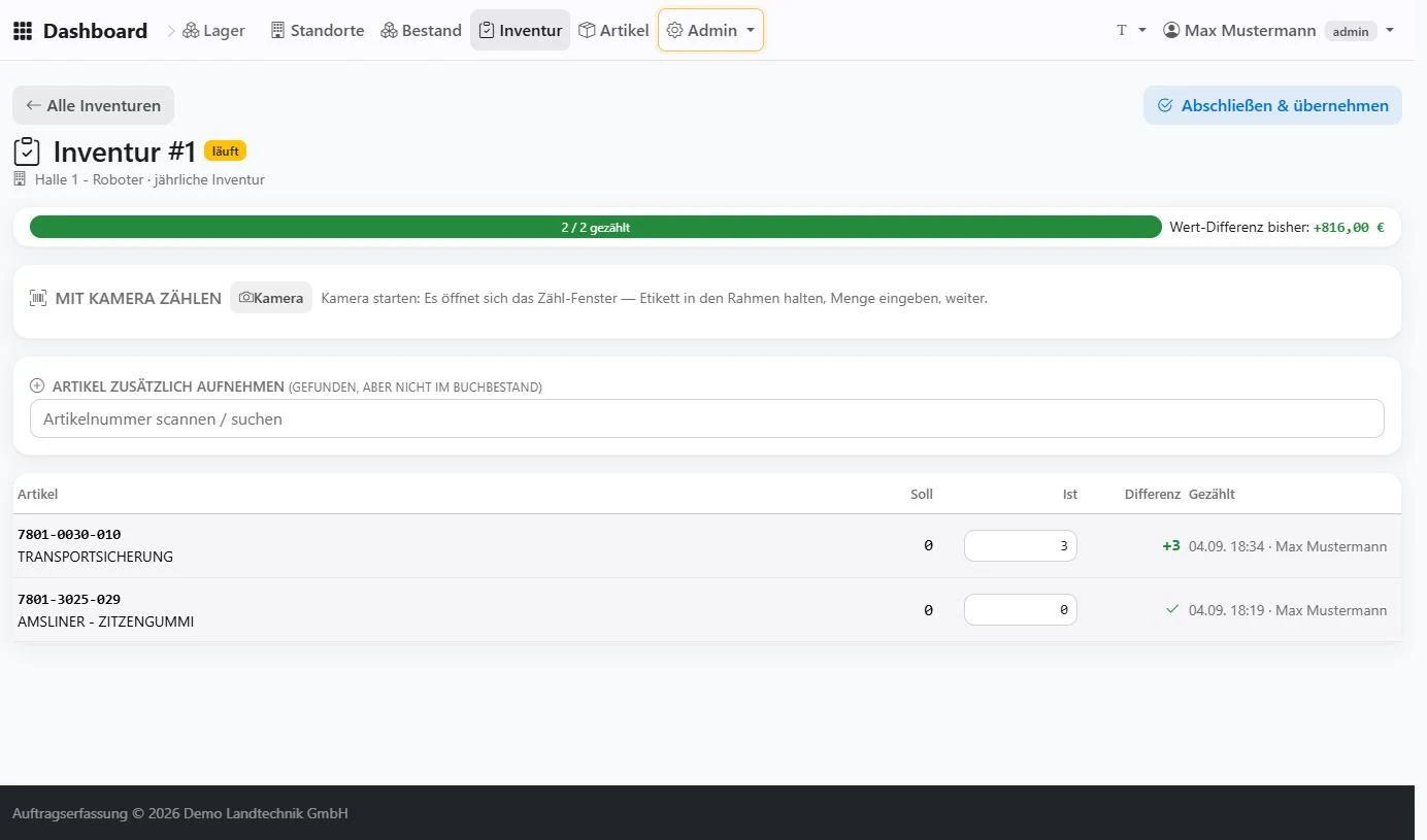 Inventur-Session mit Soll, Ist und Differenz