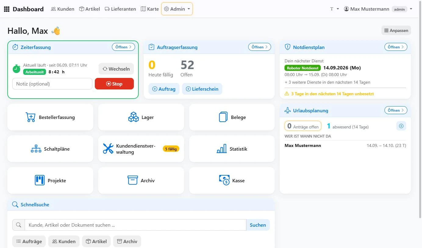 Dashboard mit Kachel Notdienstplan