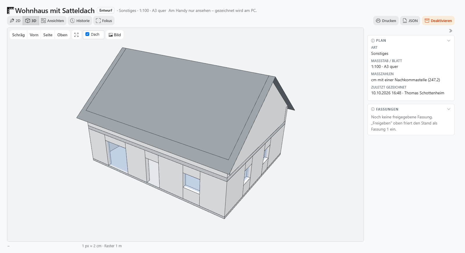 Wohnhaus mit Satteldach in der 3D-Ansicht des Plan-Editors
