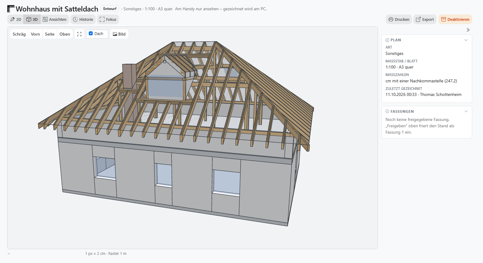 Wohnhaus mit Gauben, Dachfenster und Dachkonstruktion in der 3D-Ansicht
