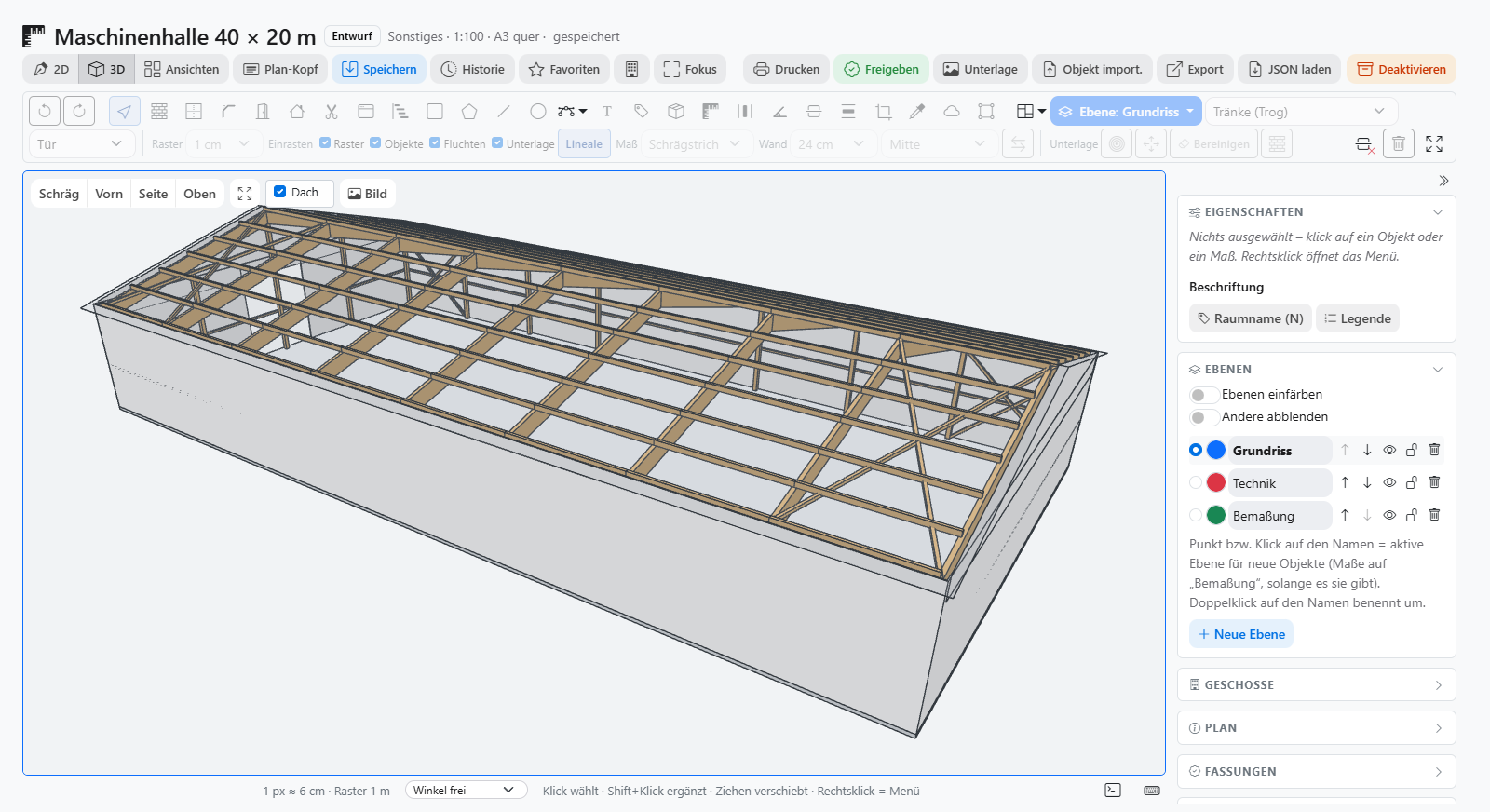 Holzhalle 40 × 20 m mit Satteldach, Rahmen, Pfetten und Verbänden in der 3D-Ansicht