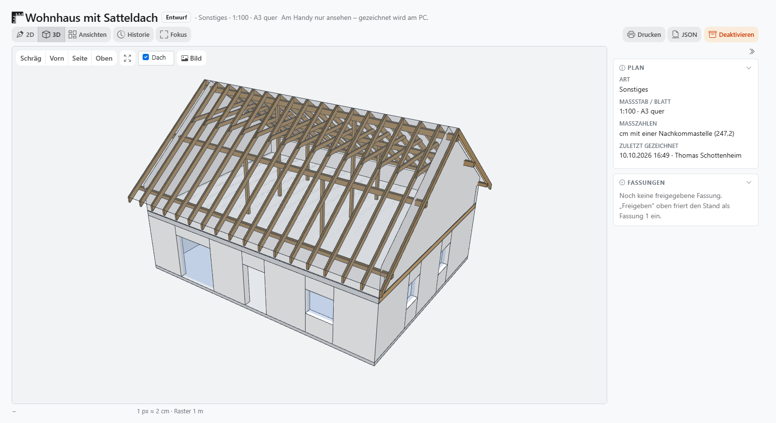 Wohnhaus mit Satteldach und Dachkonstruktion in der 3D-Ansicht