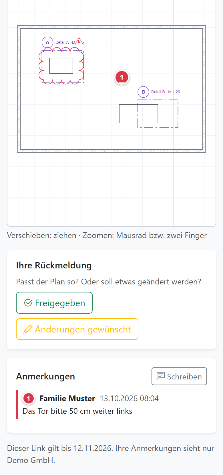 Kundenansicht eines Plans am Handy mit Anmerkung im Plan und Knöpfen Freigegeben und Änderungen gewünscht
