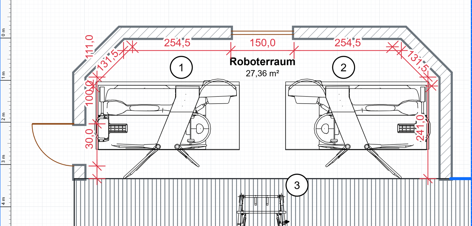 Roboterraum mit zwei Melkrobotern, Tür, Fenster und Maßkette