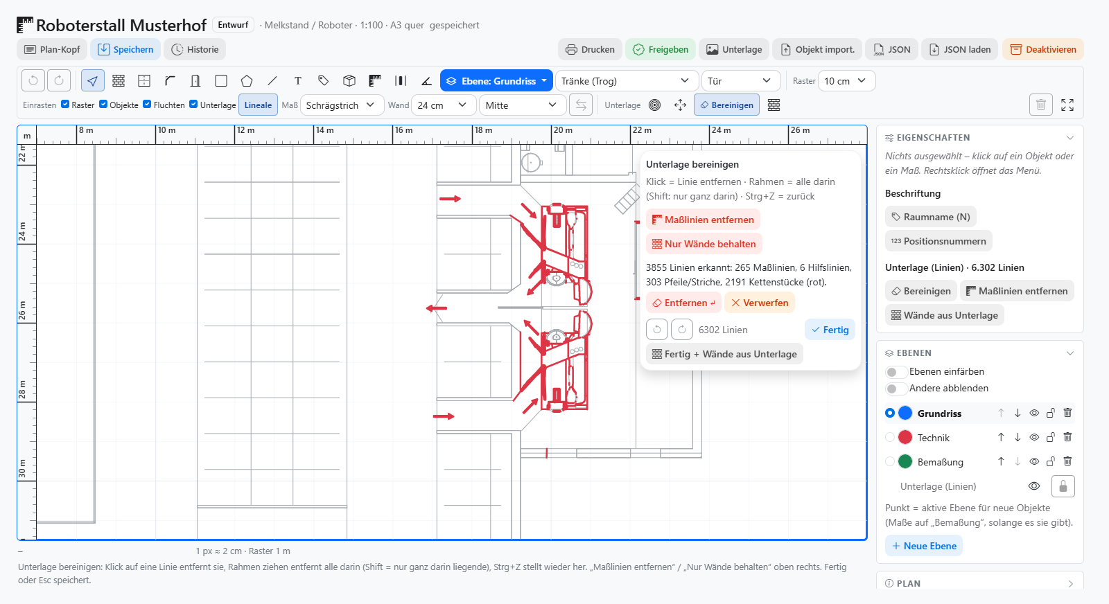 Architektenplan als Linien-Unterlage im Modus Bereinigen